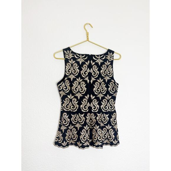 Boston Proper Gold & Black Brocade Damask Embroidery Embellish Peplum Top Size 0 - Picture 11 of 11
